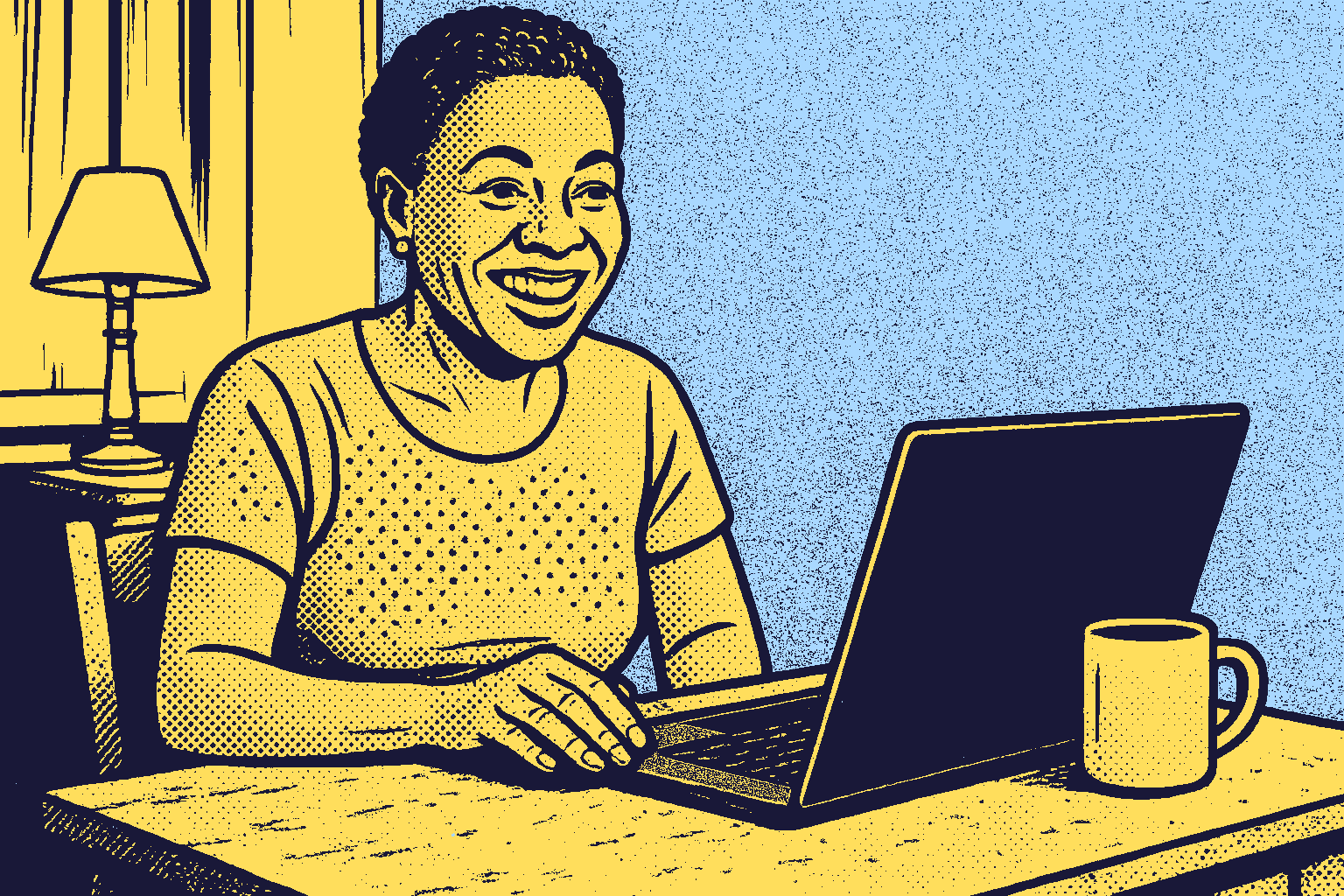 Comic-book illustration of a woman at a kitchen table, looking up from a laptop.